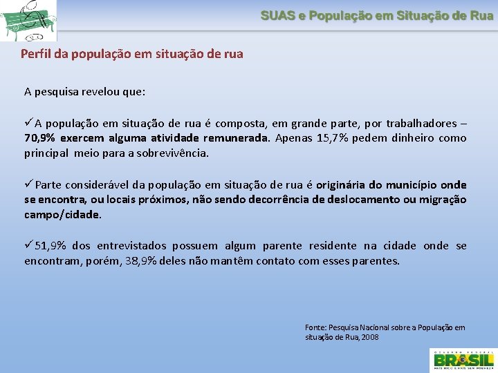 Perfil da população em situação de rua A pesquisa revelou que: A população em