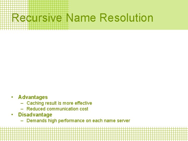 Recursive Name Resolution • Advantages – Caching result is more effective – Reduced communication