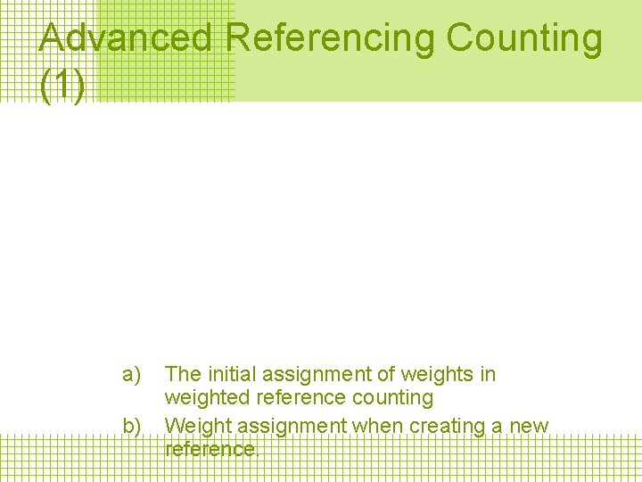 Advanced Referencing Counting (1) a) b) The initial assignment of weights in weighted reference