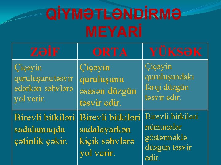 QİYMƏTLƏNDİRMƏ MEYARİ ZƏİF ORTA YÜKSƏK Çiçəyin quruluşunu təsvir quruluşunu edərkən səhvlərə əsasən düzgün yol