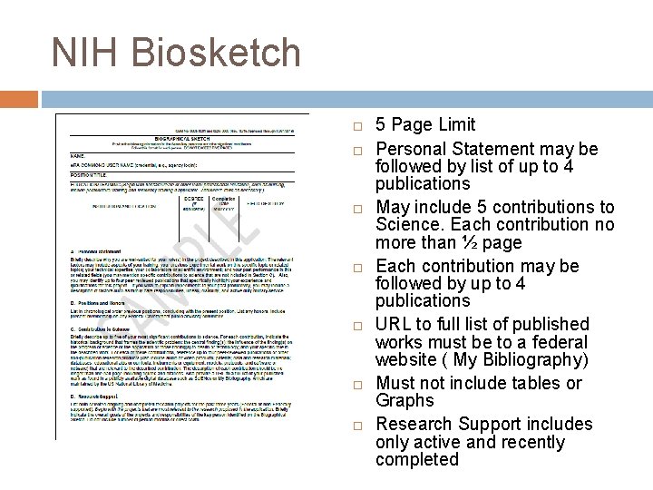 NIH Biosketch 5 Page Limit Personal Statement may be followed by list of up