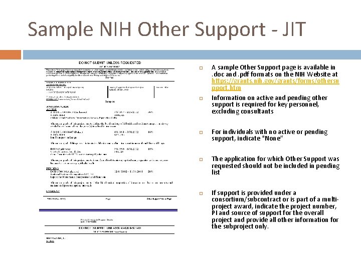Sample NIH Other Support - JIT A sample Other Support page is available in.