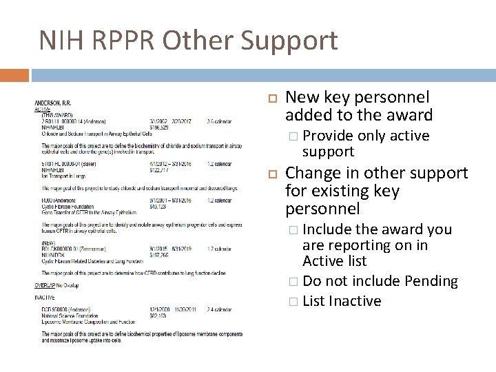 NIH RPPR Other Support New key personnel added to the award � Provide support
