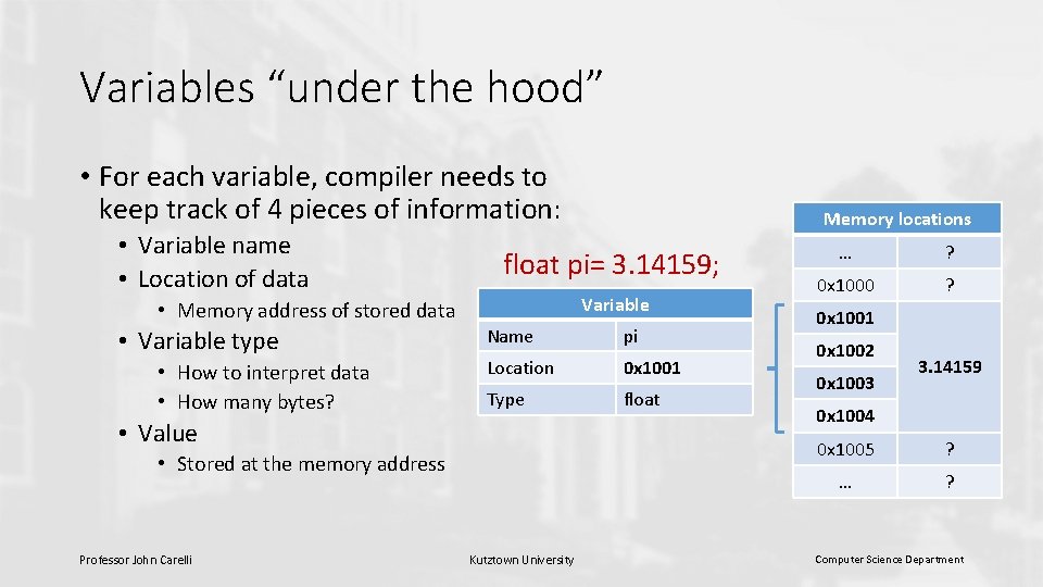 Variables “under the hood” • For each variable, compiler needs to keep track of Variables “under the hood” • For each variable, compiler needs to keep track of