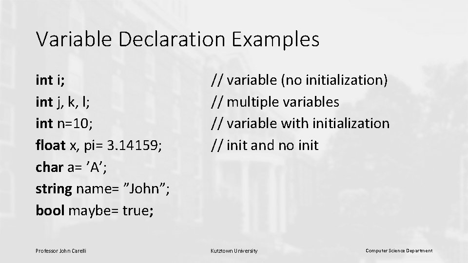 Variable Declaration Examples int i; int j, k, l; int n=10; float x, pi= Variable Declaration Examples int i; int j, k, l; int n=10; float x, pi=
