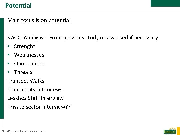 Potential Main focus is on potential SWOT Analysis – From previous study or assessed