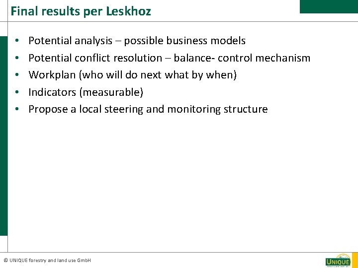 Final results per Leskhoz • • • Potential analysis – possible business models Potential