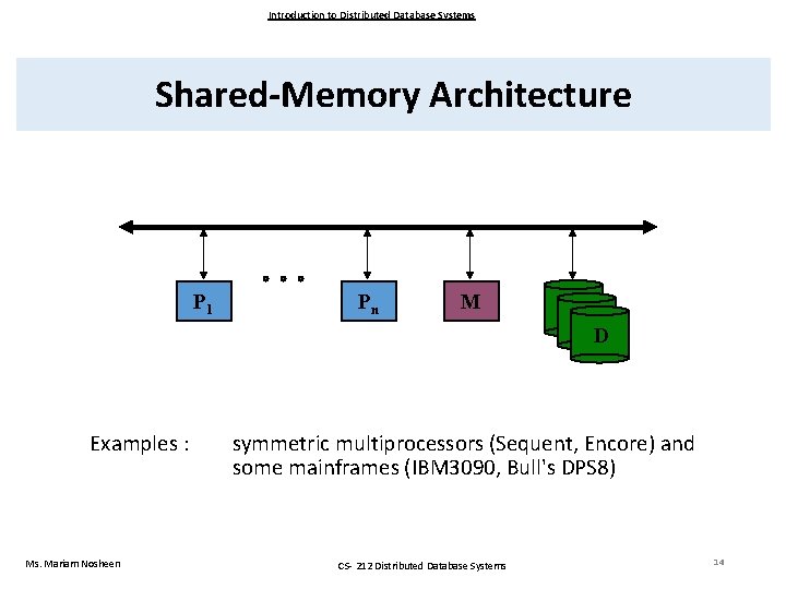 Introduction to Distributed Database Systems Shared-Memory Architecture P 1 Pn M D Examples :