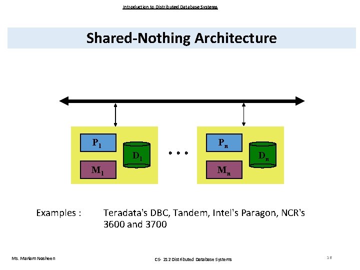 Introduction to Distributed Database Systems Shared-Nothing Architecture P 1 Pn D 1 M 1