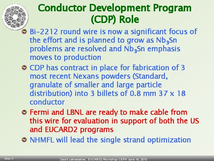 Conductor Development Program (CDP) Role Bi-2212 round wire is now a significant focus of