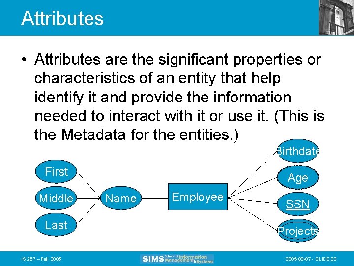 Attributes • Attributes are the significant properties or characteristics of an entity that help