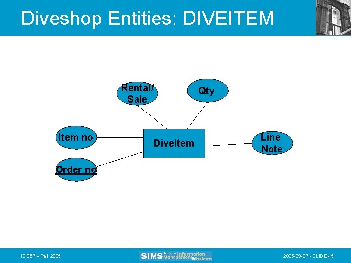 Diveshop Entities: DIVEITEM Rental/ Sale Item no Qty Dive. Item Line Note Order no