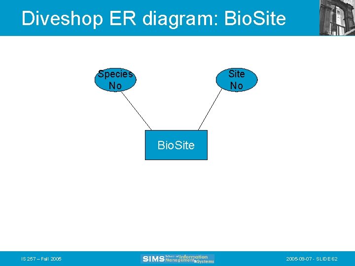 Diveshop ER diagram: Bio. Site Species No Site No Bio. Site IS 257 –