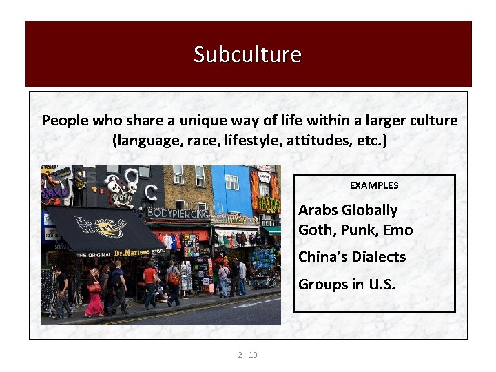 Subculture People who share a unique way of life within a larger culture (language,