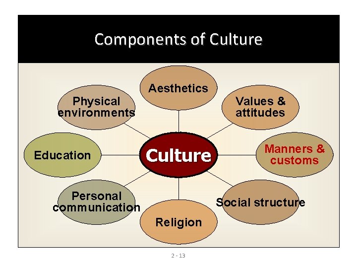 Components of Culture Physical environments Education Aesthetics Culture Personal communication Values & attitudes Manners