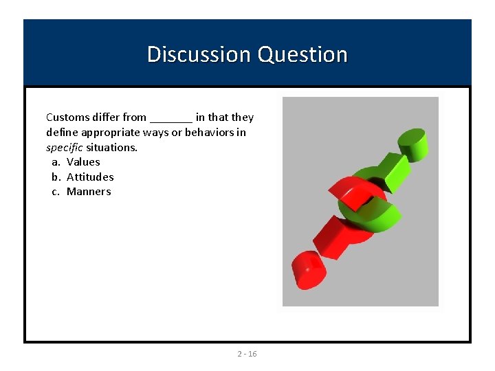 Discussion Question Customs differ from _______ in that they define appropriate ways or behaviors