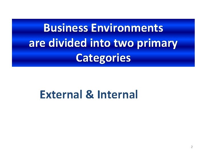 Business Environments are divided into two primary Categories External & Internal 2 