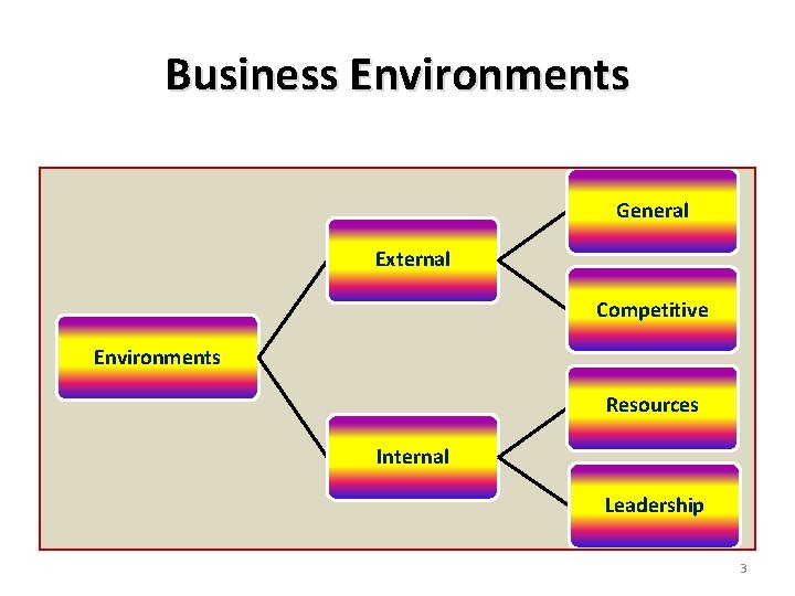 Business Environments General External Competitive Environments Resources Internal Leadership 3 