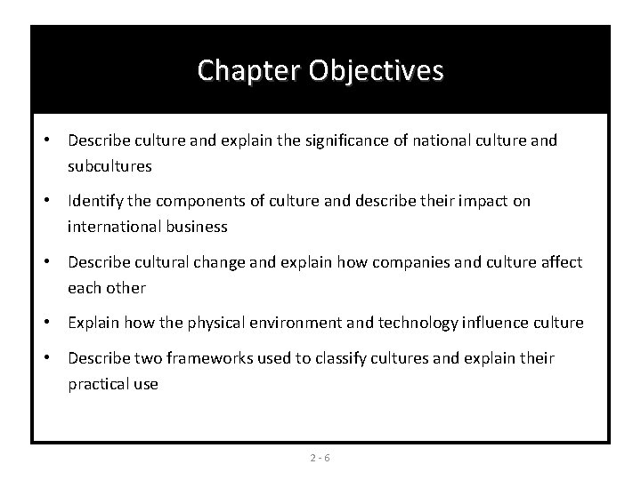 Chapter Objectives • Describe culture and explain the significance of national culture and subcultures