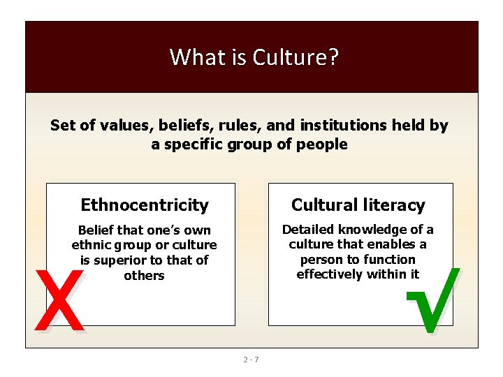 What is Culture? Set of values, beliefs, rules, and institutions held by a specific