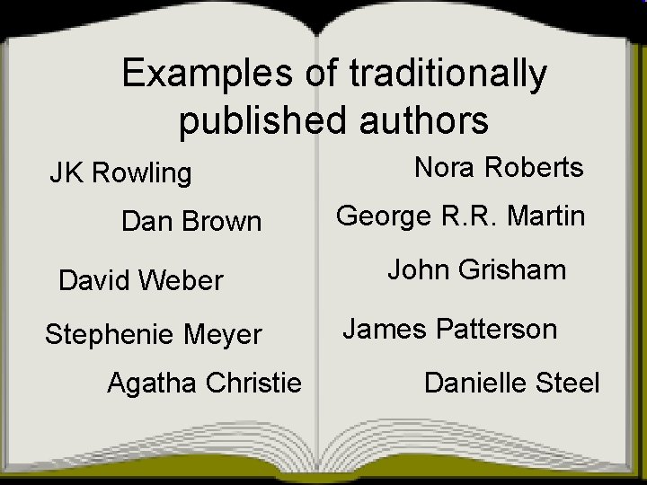 Examples of traditionally published authors JK Rowling Dan Brown David Weber Stephenie Meyer Agatha