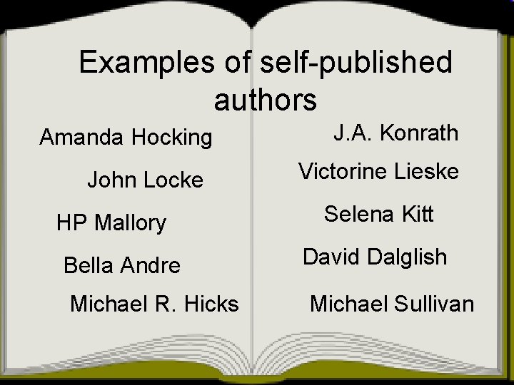 Examples of self-published authors Amanda Hocking John Locke HP Mallory Bella Andre Michael R.