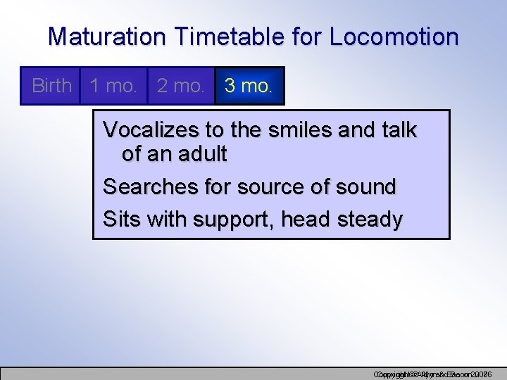 Maturation Timetable for Locomotion Birth 1 mo. 2 mo. 3 mo. Vocalizes to the