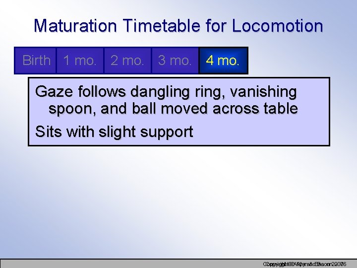 Maturation Timetable for Locomotion Birth 1 mo. 2 mo. 3 mo. 4 mo. Gaze