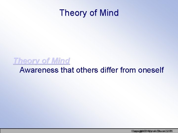 Theory of Mind Awareness that others differ from oneself Copyright©©Allynand & Bacon Copyright Bacon