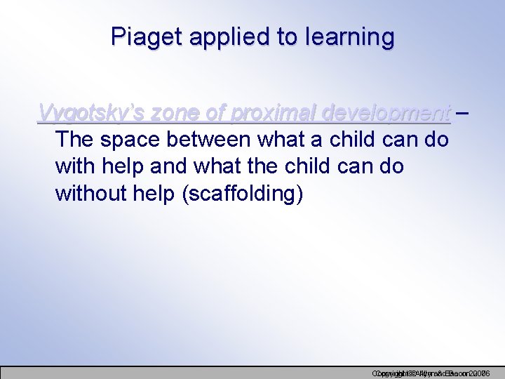 Piaget applied to learning Vygotsky’s zone of proximal development – The space between what