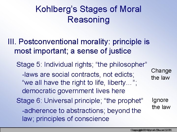 Kohlberg’s Stages of Moral Reasoning III. Postconventional morality: principle is most important; a sense