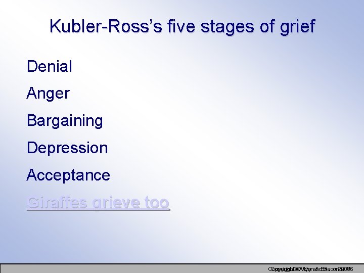 Kubler-Ross’s five stages of grief Denial Anger Bargaining Depression Acceptance Giraffes grieve too Copyright©©Allynand