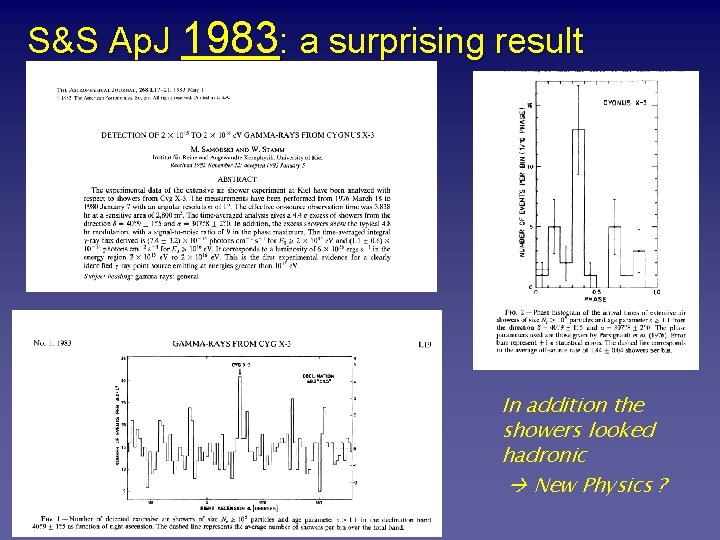 S&S Ap. J 1983: a surprising result In addition the showers looked hadronic New