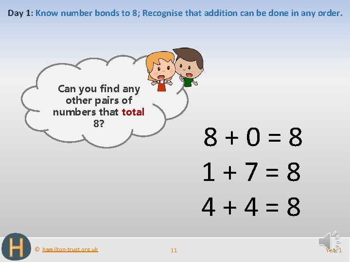 Day 1: Know number bonds to 8; Recognise that addition can be done in