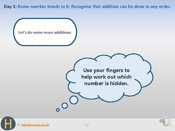 Day 1: Know number bonds to 8; Recognise that addition can be done in