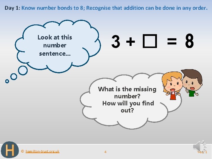 Day 1: Know number bonds to 8; Recognise that addition can be done in