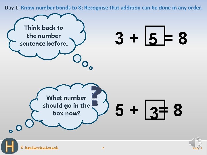 Day 1: Know number bonds to 8; Recognise that addition can be done in