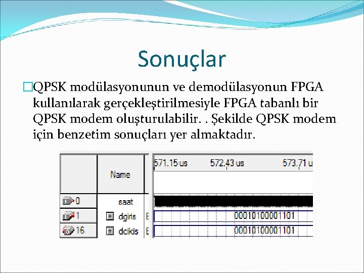 Sonuçlar �QPSK modülasyonunun ve demodülasyonun FPGA kullanılarak gerçekleştirilmesiyle FPGA tabanlı bir QPSK modem oluşturulabilir.