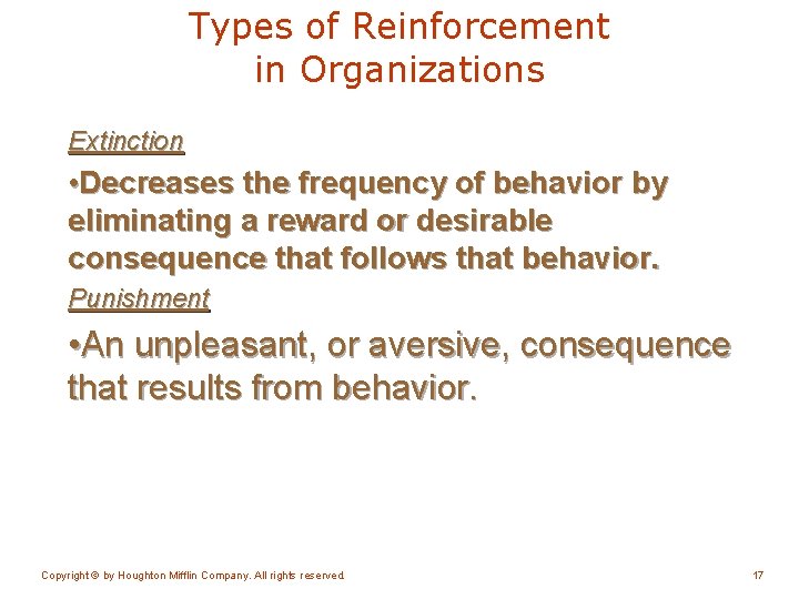 Types of Reinforcement in Organizations Extinction • Decreases the frequency of behavior by eliminating