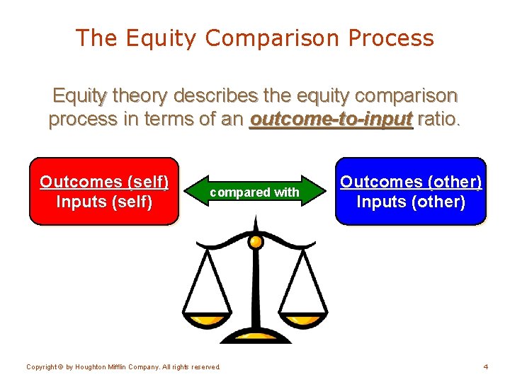 The Equity Comparison Process Equity theory describes the equity comparison process in terms of