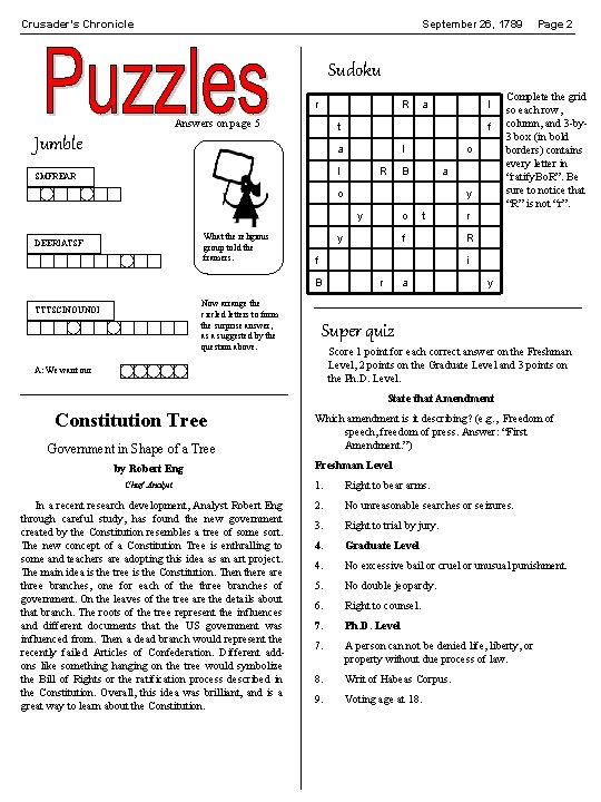 Crusader’s Chronicle September 26, 1789 Page 2 Sudoku r R Answers on page 5