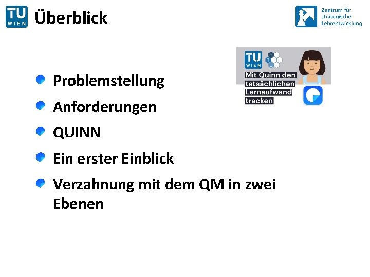 Überblick Problemstellung Anforderungen QUINN Ein erster Einblick Verzahnung mit dem QM in zwei Ebenen