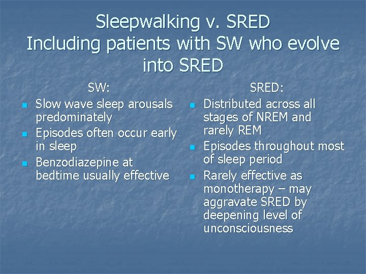 Sleepwalking v. SRED Including patients with SW who evolve into SRED n n n