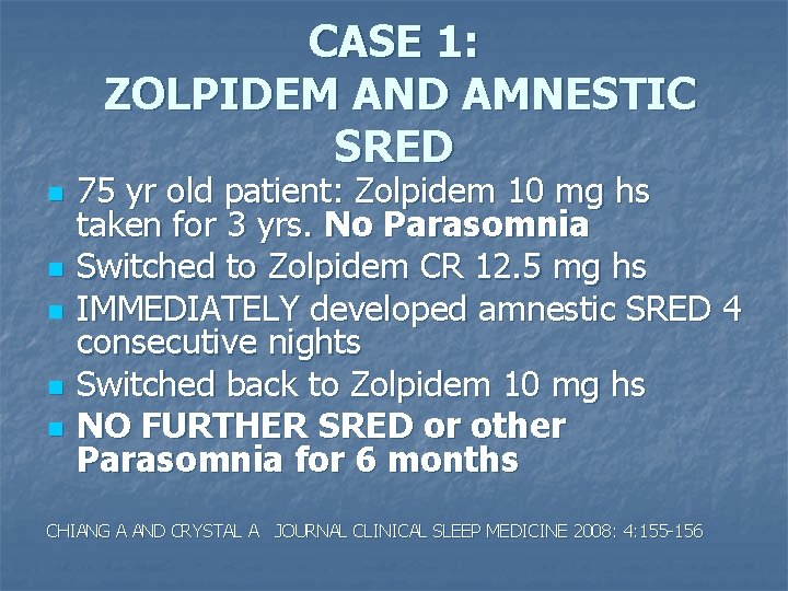 CASE 1: ZOLPIDEM AND AMNESTIC SRED n n n 75 yr old patient: Zolpidem