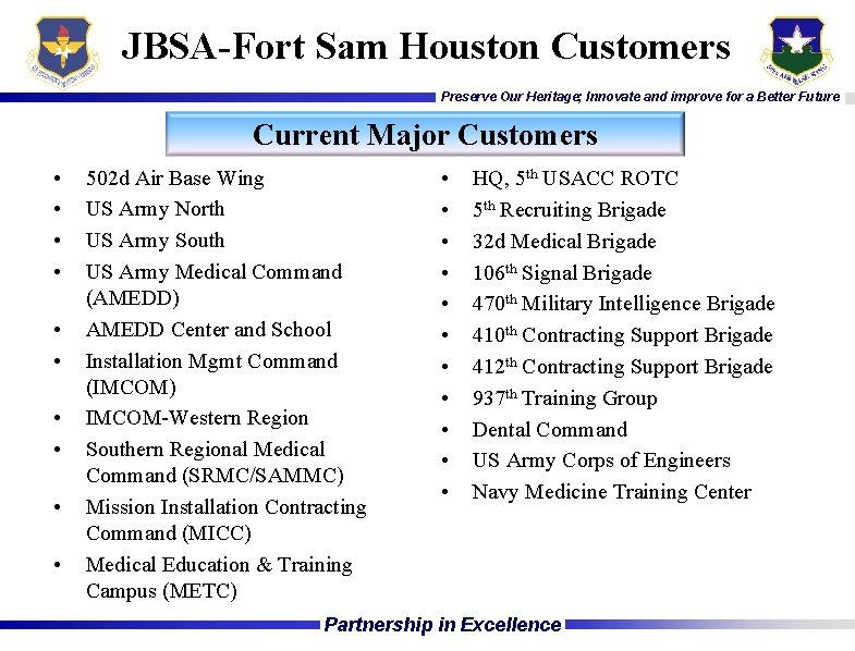JBSA-Fort Sam Houston Customers Preserve Our Heritage; Innovate and improve for a Better Future