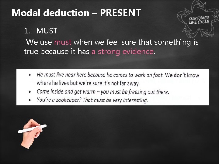 Modal deduction – PRESENT 1. MUST We use must when we feel sure that