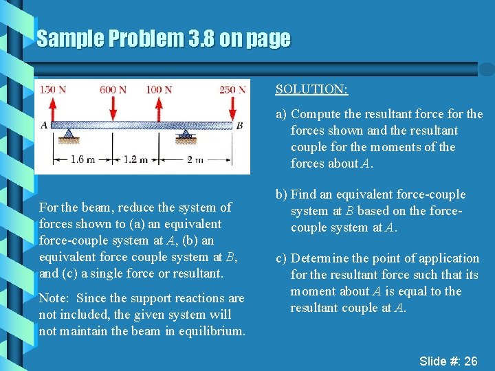 Sample Problem 3. 8 on page SOLUTION: a) Compute the resultant force for the