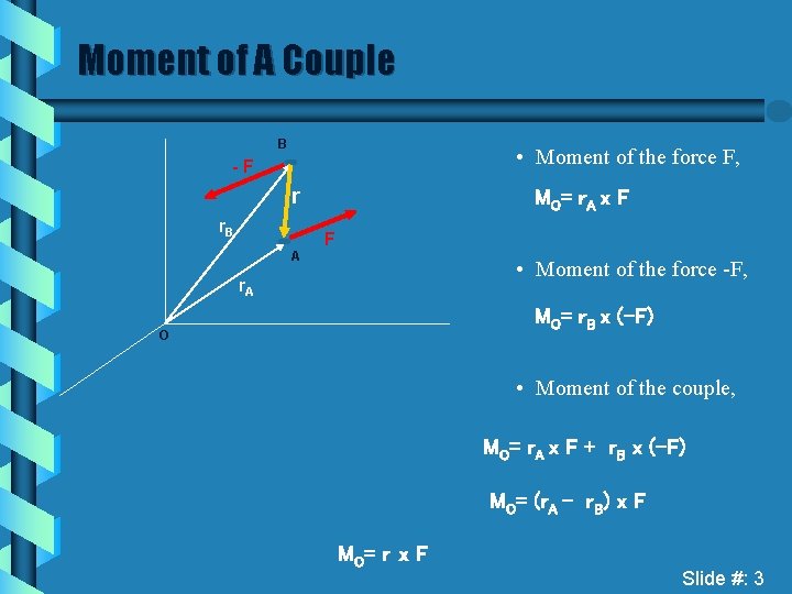 Moment of A Couple B • Moment of the force F, -F r r.