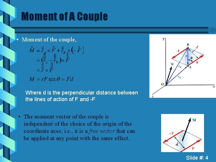 Moment of A Couple • Moment of the couple, Where d is the perpendicular