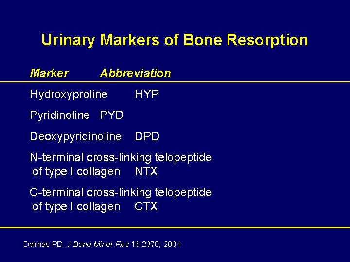 Urinary Markers of Bone Resorption Marker Abbreviation Hydroxyproline HYP Pyridinoline PYD Deoxypyridinoline DPD N-terminal